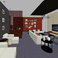 Hotel Public Lounge Interior With Comfortable Sofas Coffee Tables Pendant Lights And Blue Sign