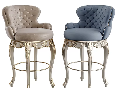 Elegant Bar Stools With Tufted Backrests Armrests Gold Carved Legs Light Brown Blue 3d model