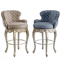 Elegant Bar Stools With Tufted Backrests Armrests Gold Carved Legs Light Brown Blue