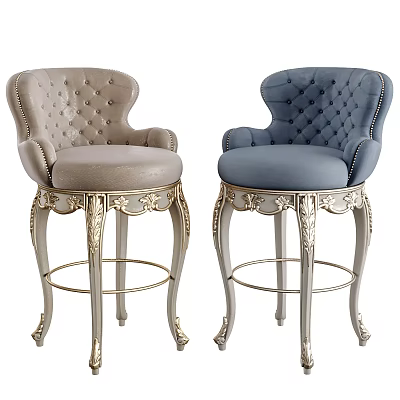 Elegant Bar Stools With Tufted Backrests Armrests Gold Carved Legs Light Brown Blue 3d model