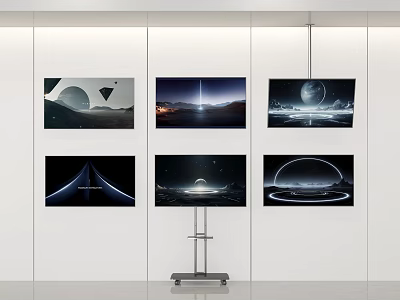 Six TV Screens Arranged on White Wall Displaying Sci Fi Space Theme 3d model