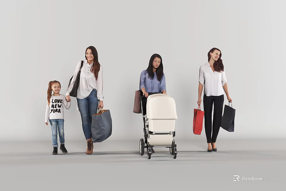 Group of Women and Child Walking Together With Shopping Bags And Baby Stroller 3d model 