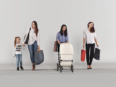Group of Women and Child Walking Together With Shopping Bags And Baby Stroller 3d model