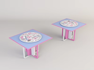 Two Square Coffee Tables With Light Blue Edge Pink Border And Circular Patterned Center 3d model
