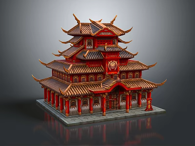 Cartoon Style Traditional Chinese Building With Multi Tiered Red Structure Ornate Eaves And Tile Roof 3d model
