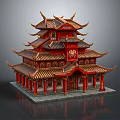 Cartoon Style Traditional Chinese Building With Multi Tiered Red Structure Ornate Eaves And Tile Roof