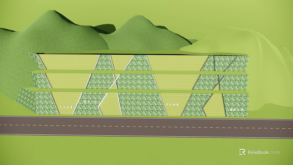 Green Mountain Landscape Design With Layered Green Structures And Road 3d model
