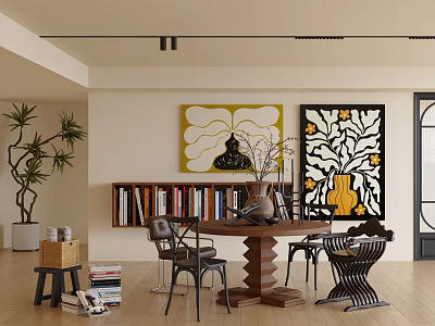 Modern Stylish Restaurant Interior With Wooden Dining Table Bookshelf Potted Plant And Colorful Artworks 3d model