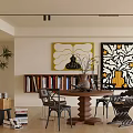 Modern Stylish Restaurant Interior With Wooden Dining Table Bookshelf Potted Plant And Colorful Artworks