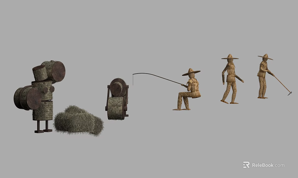 Straw Scarecrow Figures In Various Poses Including Fishing And Standing With Bales 3d model 