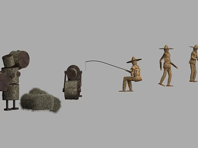 Straw Scarecrow Figures In Various Poses Including Fishing And Standing With Bales 3d model
