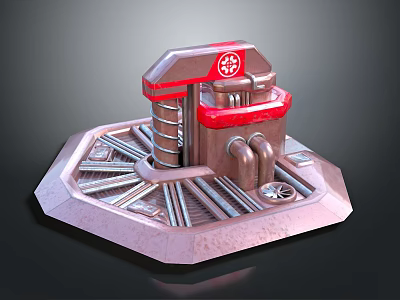 3D Mechanical Design Model Featuring Hexagonal Base Red Brown Pipes Platform And Emblem 3d model