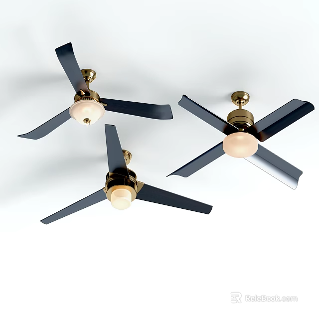 Three Modern Ceiling Fans With Black Blades Golden Base And Light 3d model