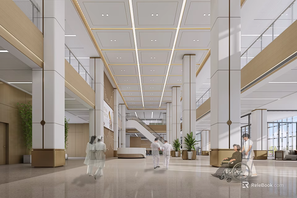 Hospital Outpatient Clinic Modern Lobby With Medical Staff And Patients 3d model 