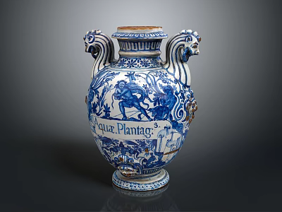 Blue And White Decorative Vase With Lion Head Handles And Intricate Patterns 3d model