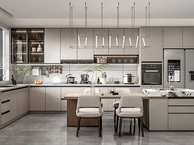 Modern Kitchen Interior With Gray Cabinets Island Counter Hanging Lights And Appliances Dining Chairs 3d model