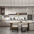 Modern Kitchen Interior With Gray Cabinets Island Counter Hanging Lights And Appliances Dining Chairs