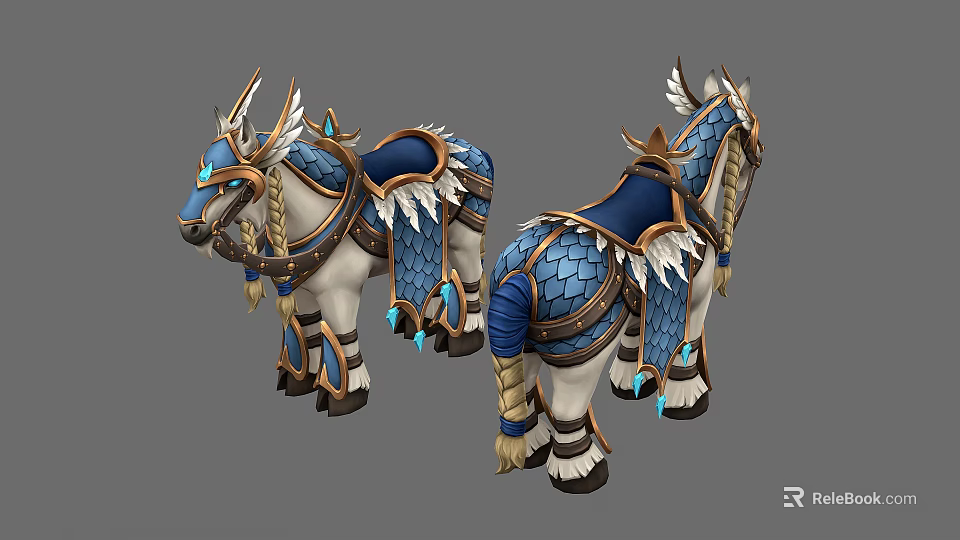 Mythical Blue And White Horses With Feather Scale Armor And Braided Mane 3d model 