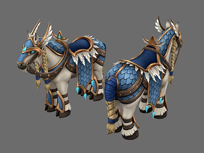 Mythical Blue And White Horses With Feather Scale Armor And Braided Mane 3d model
