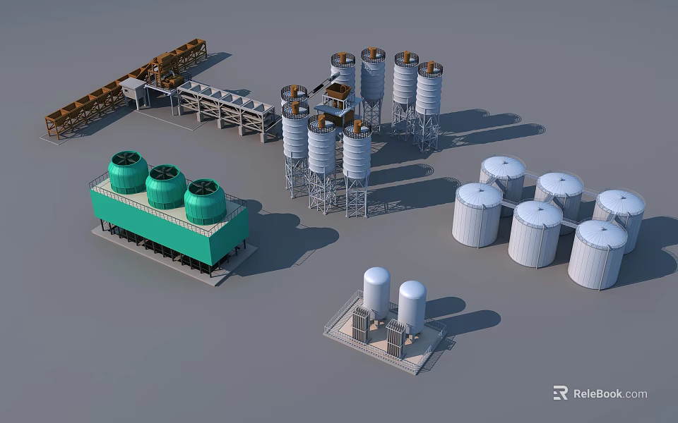 Industrial Equipment Layout With Cooling Towers Storage Tanks And Conveyor Systems 3d model 