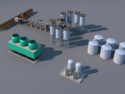 Industrial Equipment Layout With Cooling Towers Storage Tanks And Conveyor Systems 3d model