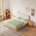 Wooden Double Bed With Light Headboard Green Blue Bedding Nightstand In Modern Cozy Bedroom