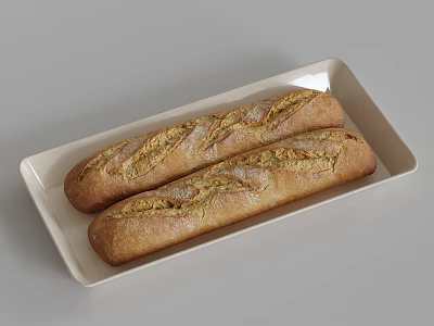 Two Freshly Baked Baguettes With Golden Crust On White Rectangular Plate 3d model