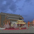 Ancient Architectural Commercial Street Night View With Traditional Lanterns Crowded Visitors And Moonlight