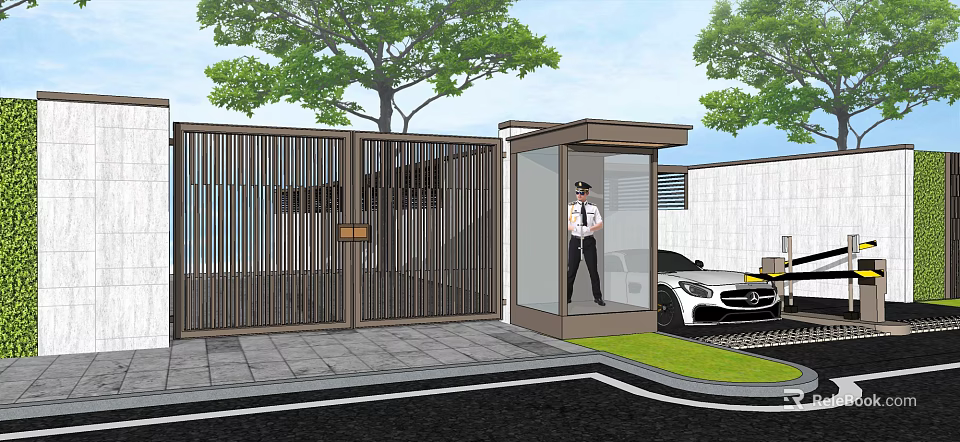 Modern Metal Entrance Gate with Security Booth Guard Near Trees White Car Stone Pavement 3d model 