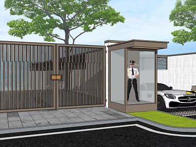 Modern Metal Entrance Gate with Security Booth Guard Near Trees White Car Stone Pavement 3d model