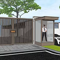 Modern Metal Entrance Gate with Security Booth Guard Near Trees White Car Stone Pavement