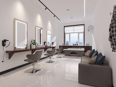 Modern Beauty Salon Interior With Lighted Mirrors Styling Chairs And Comfortable Sofa 3d model