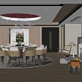 Elegant Modern Private Dining Room Interior With Round Dining Table Brown Chairs And Circular Chandelier