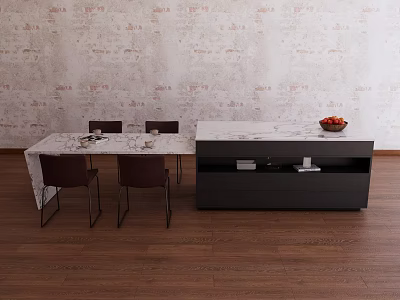 Modern Bar Counter With Marble Top Textured Wall Wooden Floor And Fruit Bowl 3d model