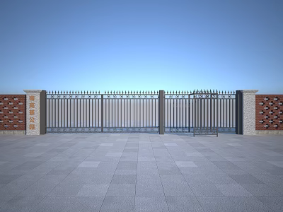 Red Brick Building Exterior Wall with Intricate Lattice Patterns and Black Metal Gate 3d model