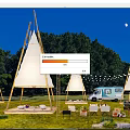 Night Garden Landscape With White Tipi Tents Green Trees Lawn And Light Blue Caravan