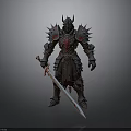 Mythical Warrior In Spiked Red Black Armor Holding Sharp Sword