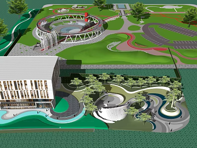Scenic Park Landscape With Circular Water Feature Winding Paths And Green Lawns 3d model