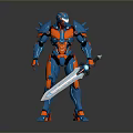 Sci Fi Armored Character With Blue Red Armor Spikes And Long Sword