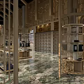 Modern Chinese Teahouse With Wooden Structures Carved Lattice Windows Marble Flooring And Circular Display Cabinets