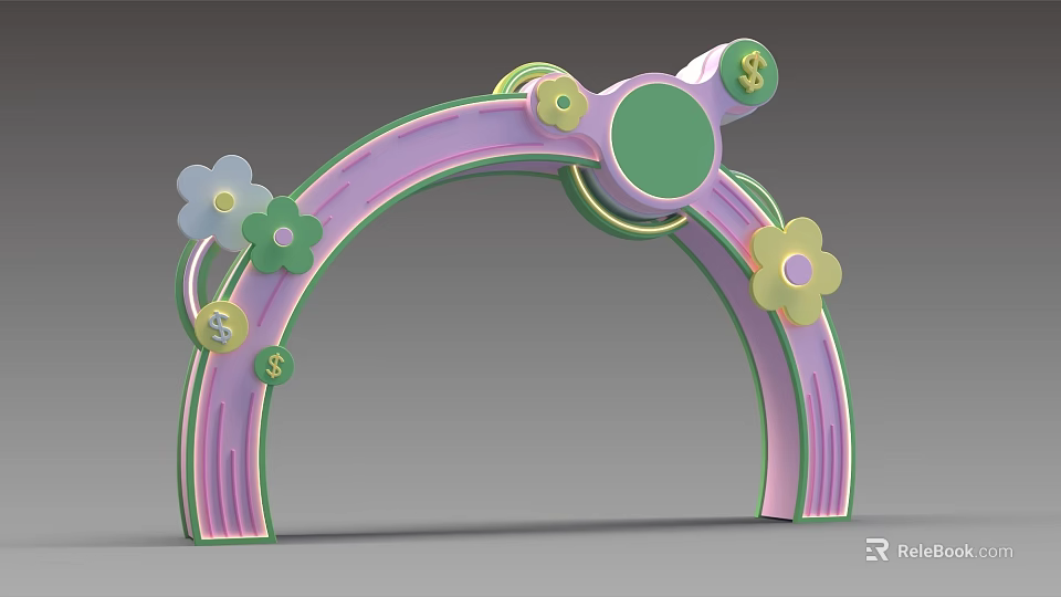 Vibrant Event Archway With Pink Green Frame And White Green Yellow Flowers 3d model 