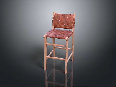 Wooden Bar Stool With Woven Brown Seat Backrest And Light Wooden Legs 3d model