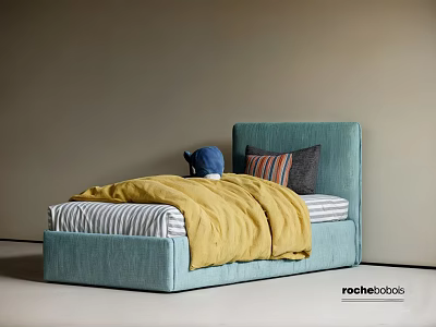 Cozy Kids Bed With Teal Headboard Yellow Blanket Striped Bed Sheet And Pillows 3d model