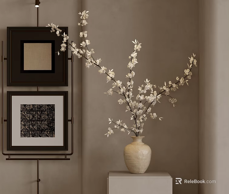 Beige Vase Holding White Blossom Branches On White Table By Beige Wall With Two Frames 3d model