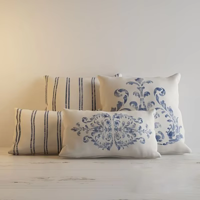 Blue and White Decorative Pillows with Striped and Floral Patterns for Home Sofa Decoration 3d model