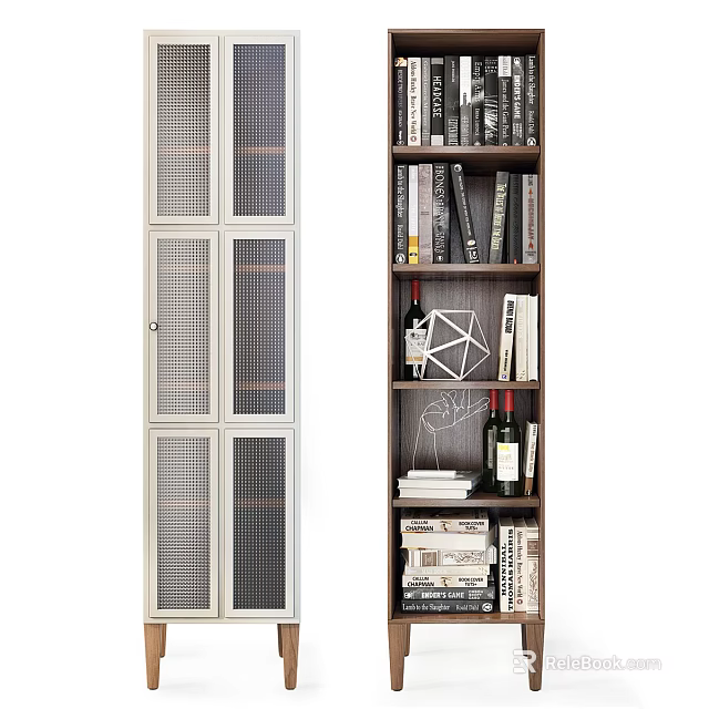 White Grid Door And Wooden Multiple Shelves Bookcase With Books Wine Bottles And Decorative Items 3d model 