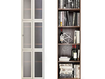 White Grid Door And Wooden Multiple Shelves Bookcase With Books Wine Bottles And Decorative Items 3d model