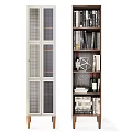 White Grid Door And Wooden Multiple Shelves Bookcase With Books Wine Bottles And Decorative Items