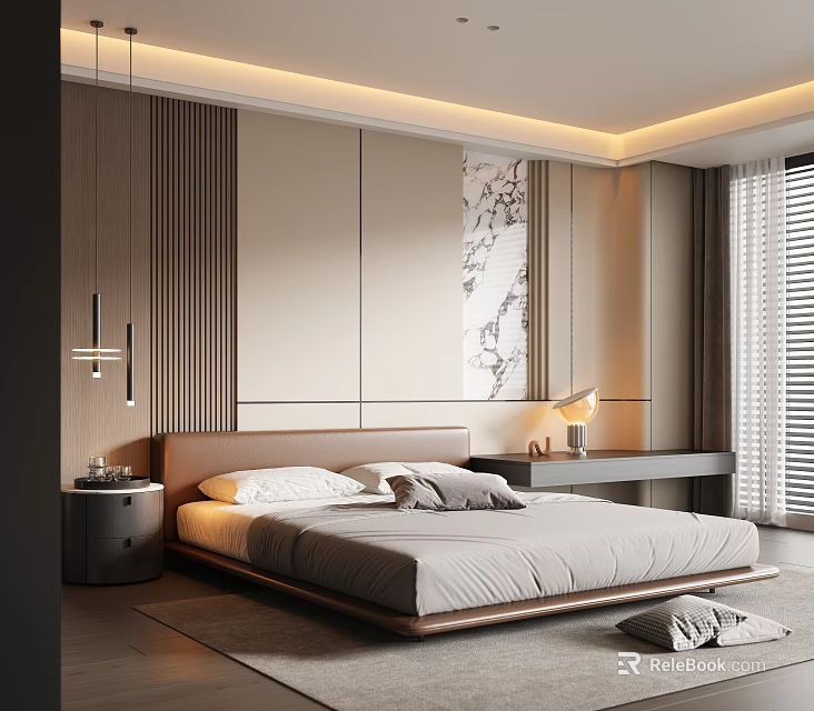 Modern Bedroom Interior With Wooden Headboard Bedside Table Lamp And Wall Art Decor 3d model 