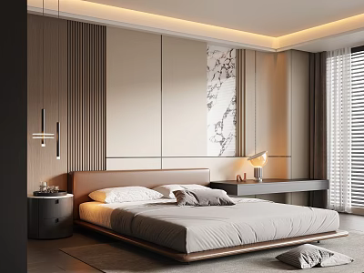 Modern Bedroom Interior With Wooden Headboard Bedside Table Lamp And Wall Art Decor 3d model